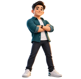 Adam the Anchor: grounded stance, arms crossed, calm confident smile