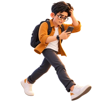 Kai the Catch-Up: brisk walk, glancing at phone, worried expression
